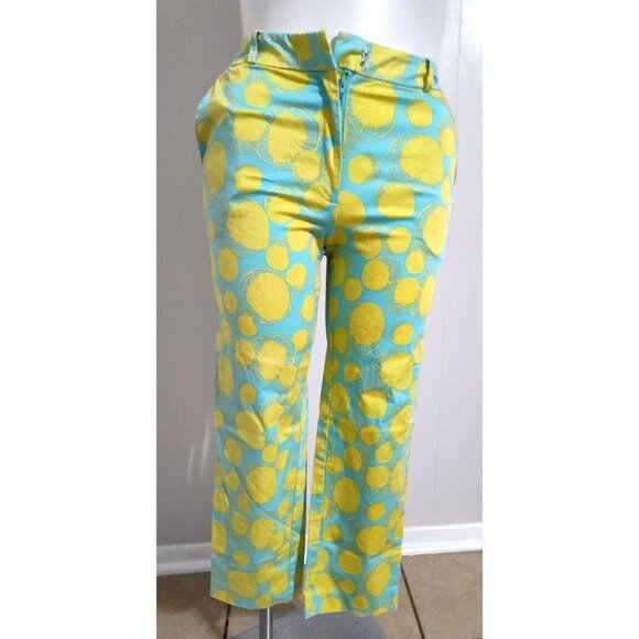 David Brooks High-Waisted Blue Yellow Lemon Print Pants 8 - Picture 1 of 12